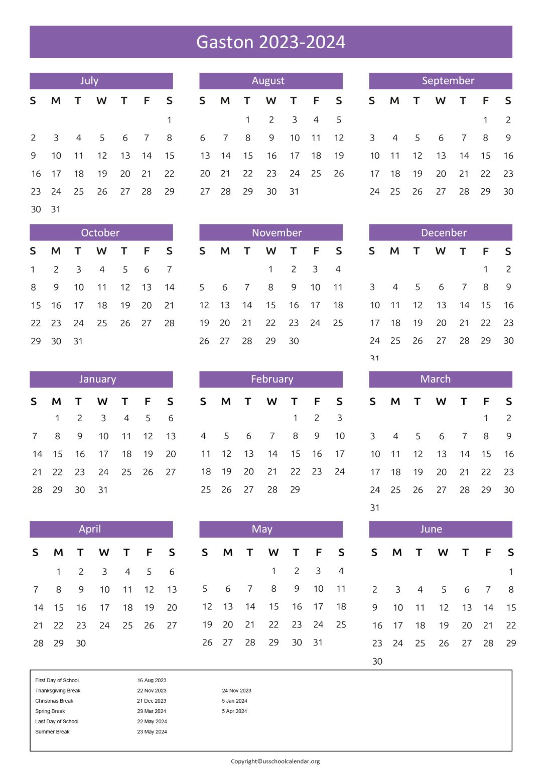 Gaston County School Calendar with Holidays 20232024