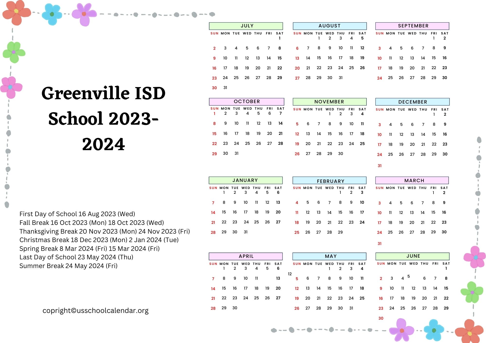 Greenville ISD School Calendar with Holidays 20232024