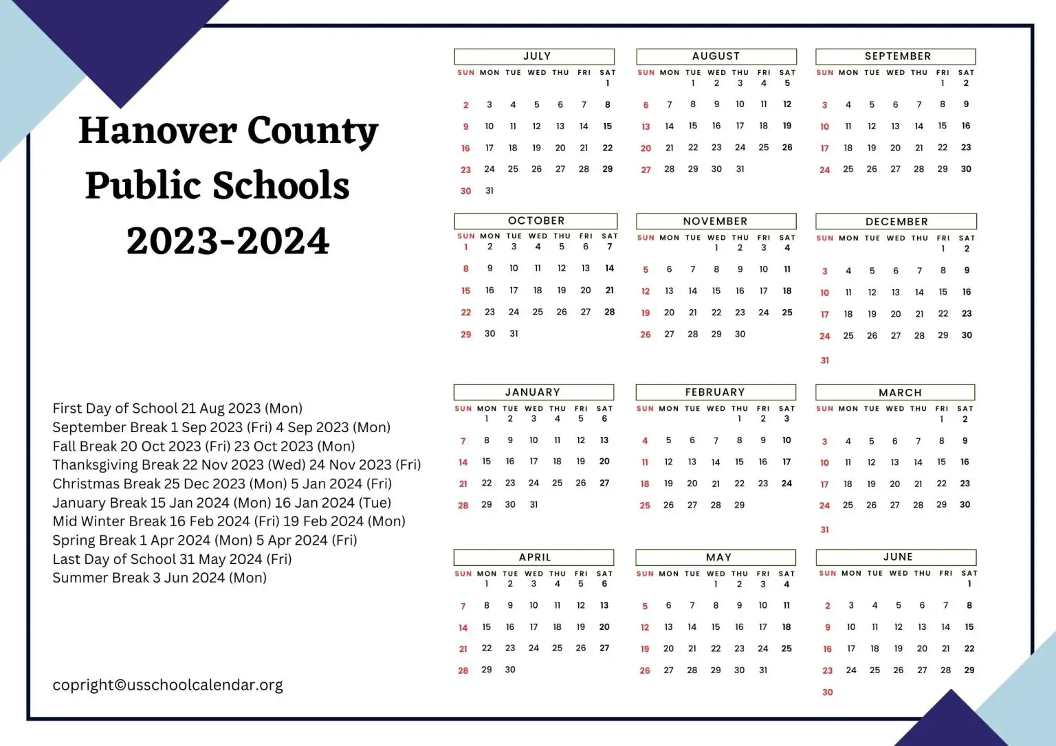 Hanover County Public Schools Calendar with Holidays 20232024