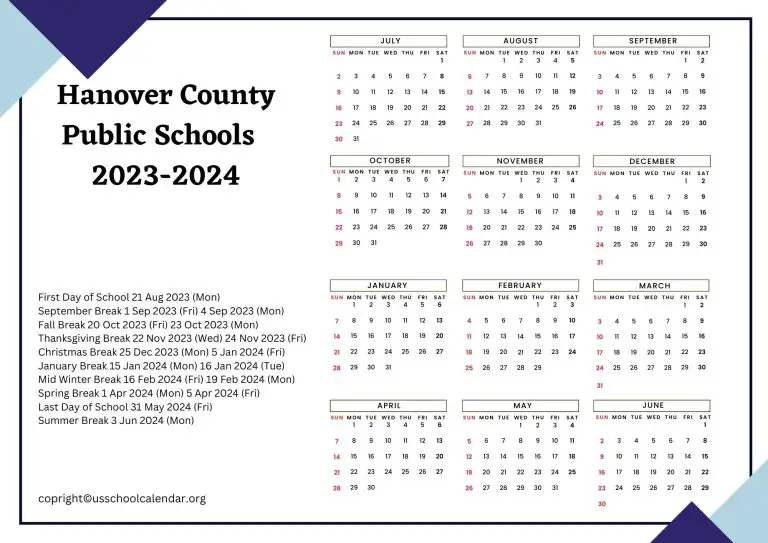Hanover County Public Schools Calendar with Holidays 2023-2024