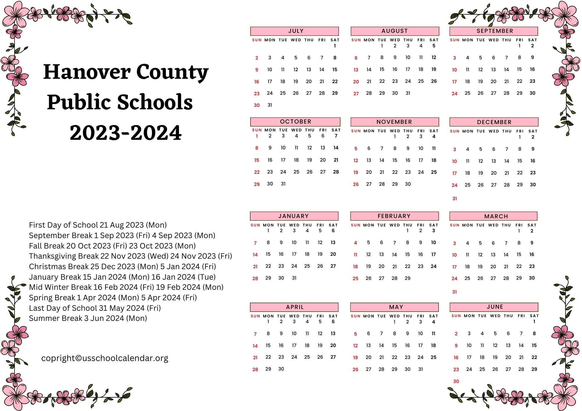 Hanover County Public Schools Calendar with Holidays 20232024