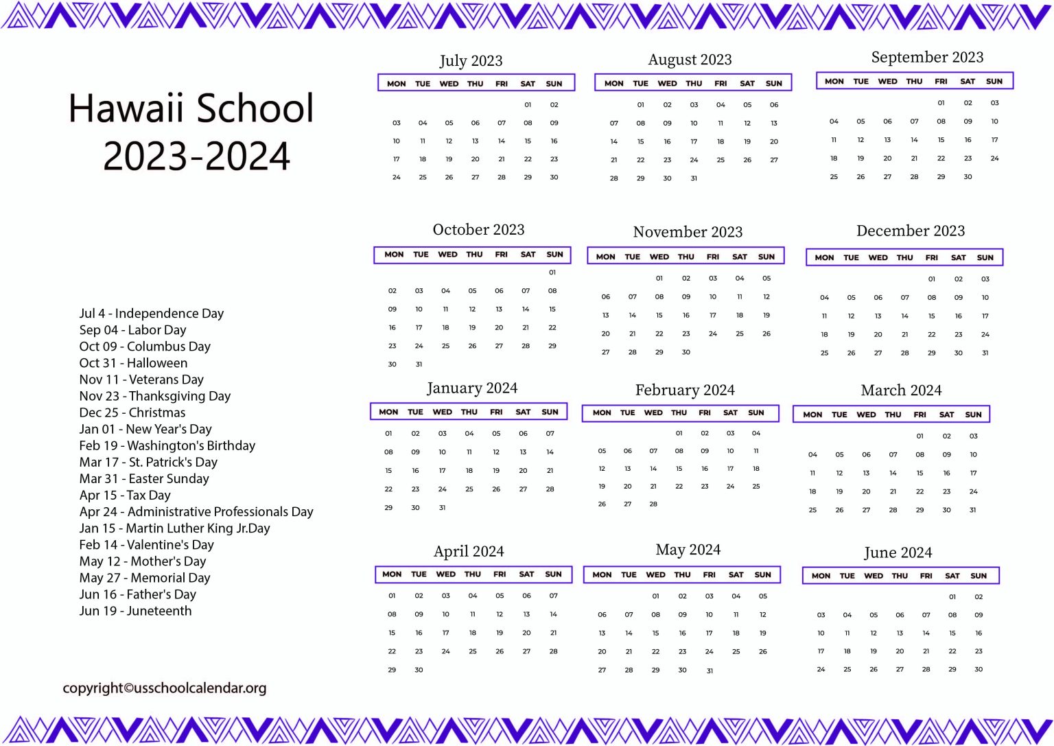 Hawaii School Calendar with Holidays 20232024