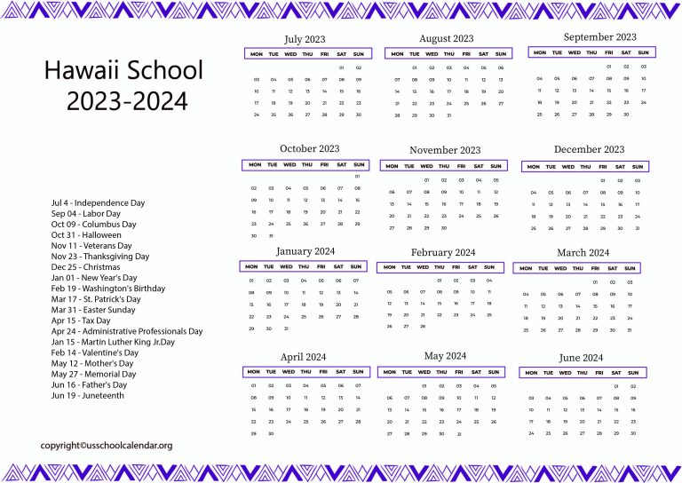 Hawaii School Calendar with Holidays 20232024