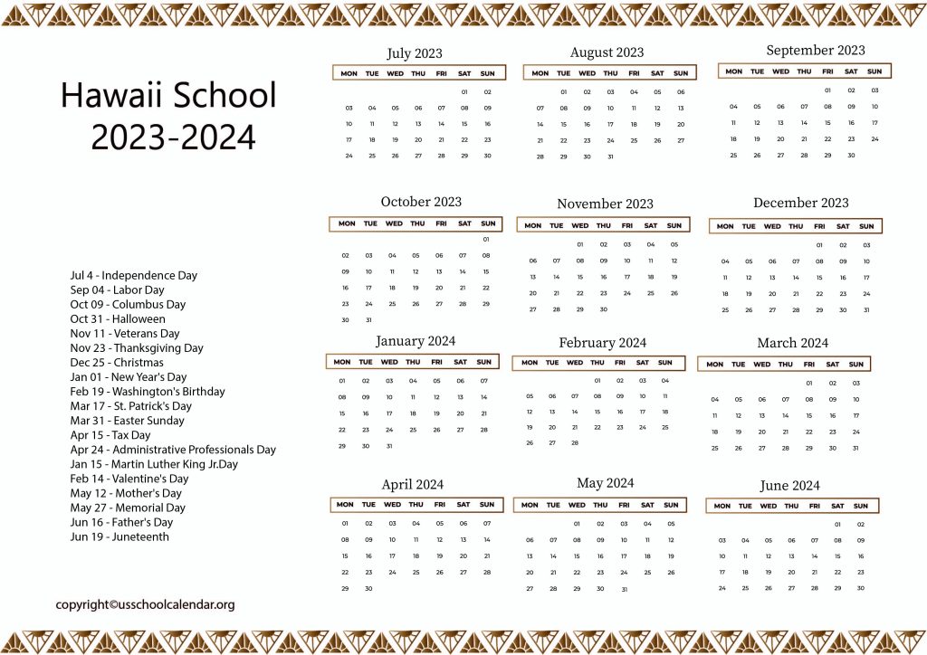 Hawaii School Calendar