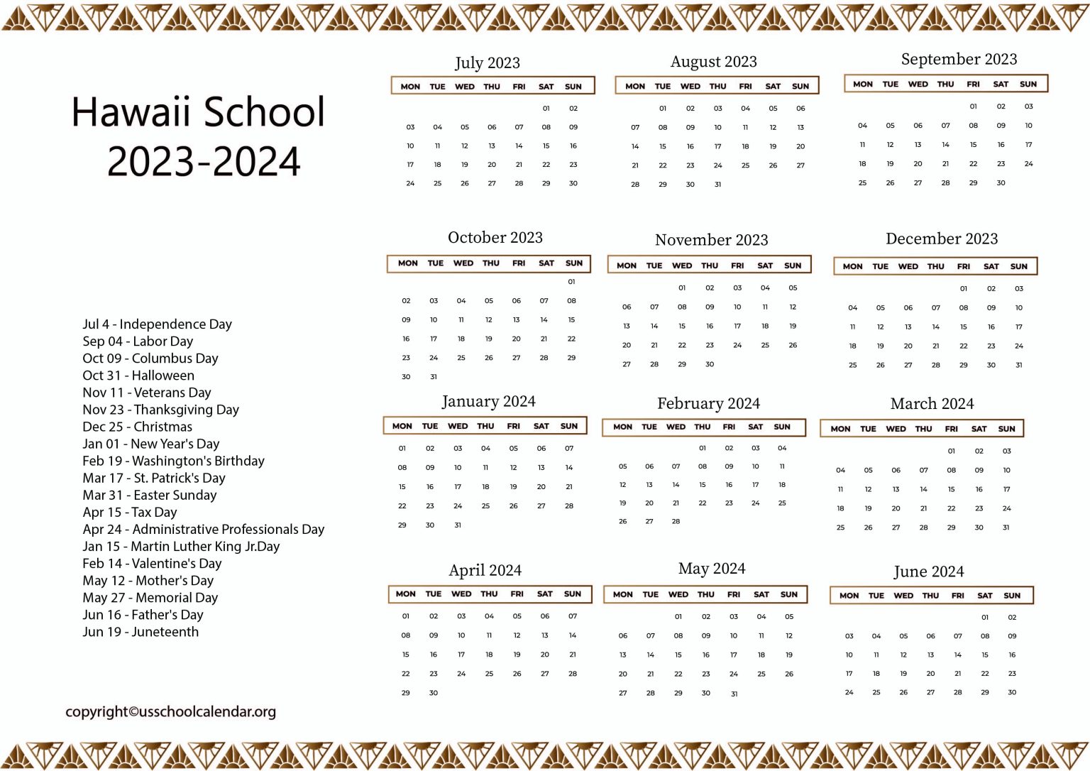 Hawaii School Calendar with Holidays 20232024