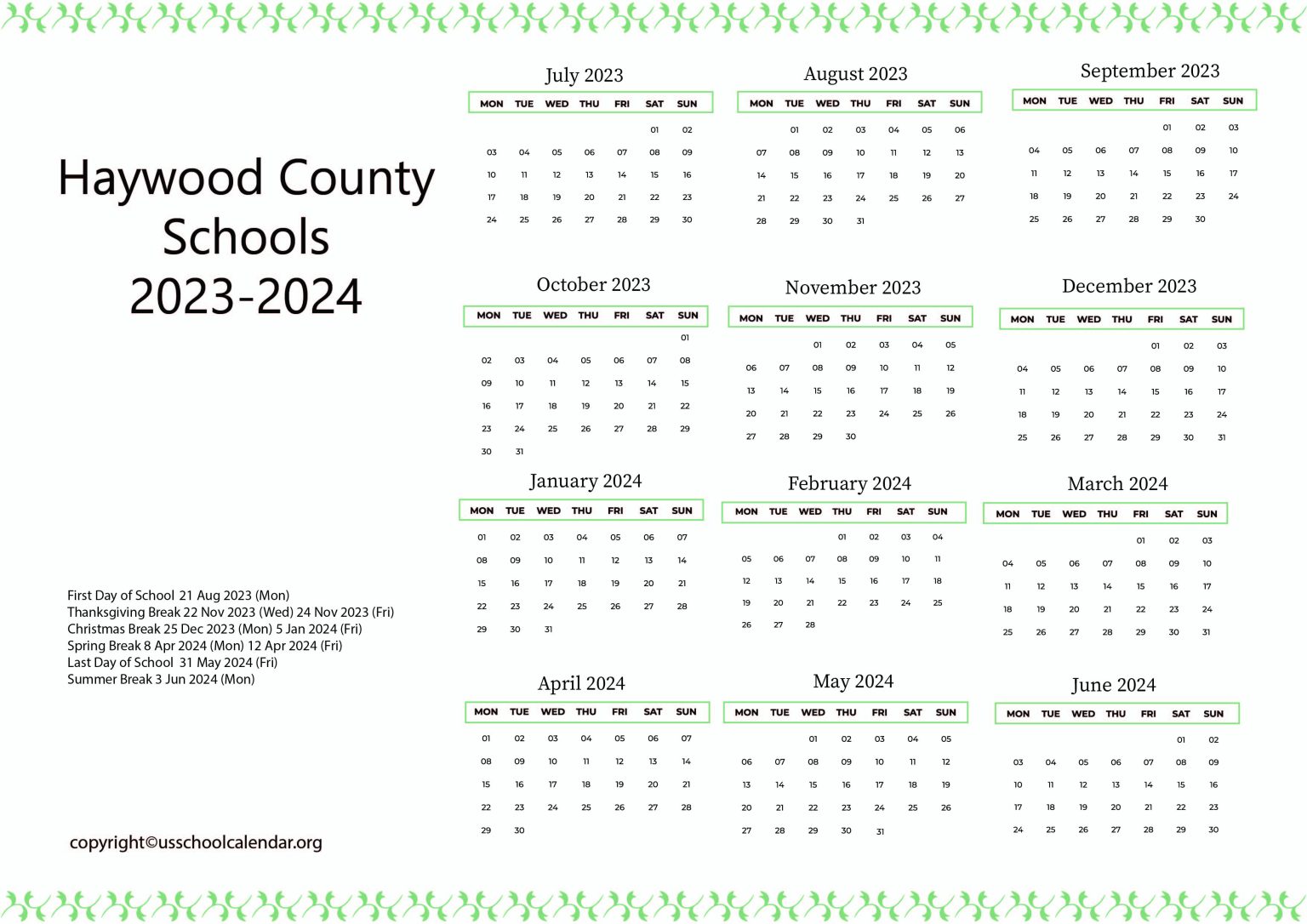 Haywood County Schools Calendar with Holidays 2023 2024