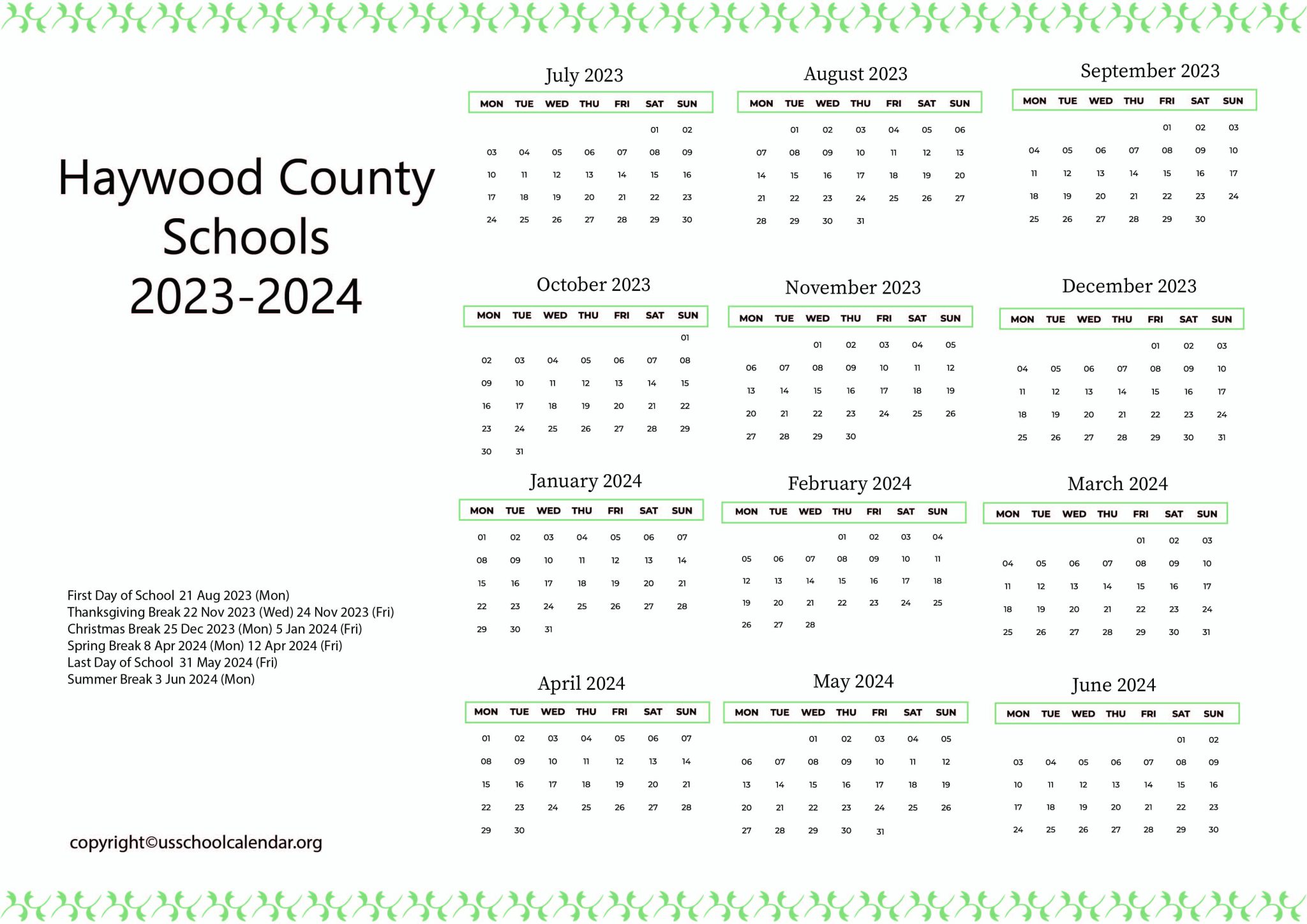 Haywood County Schools Calendar with Holidays 20232024