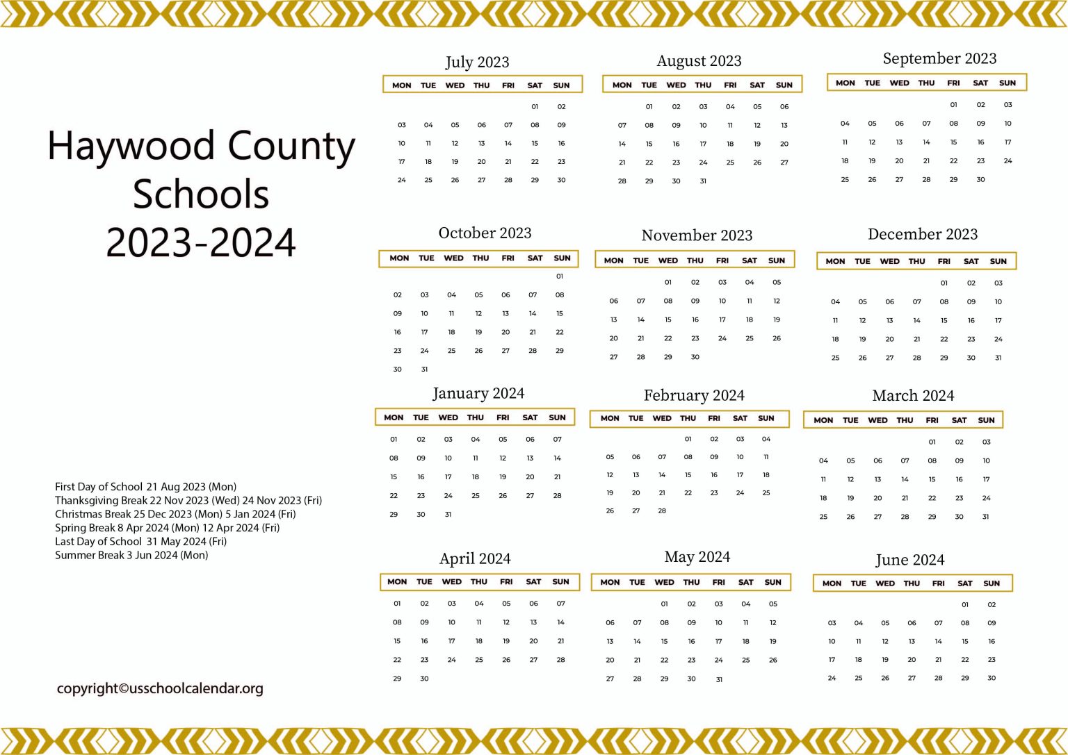 Haywood County Schools Calendar with Holidays 20232024