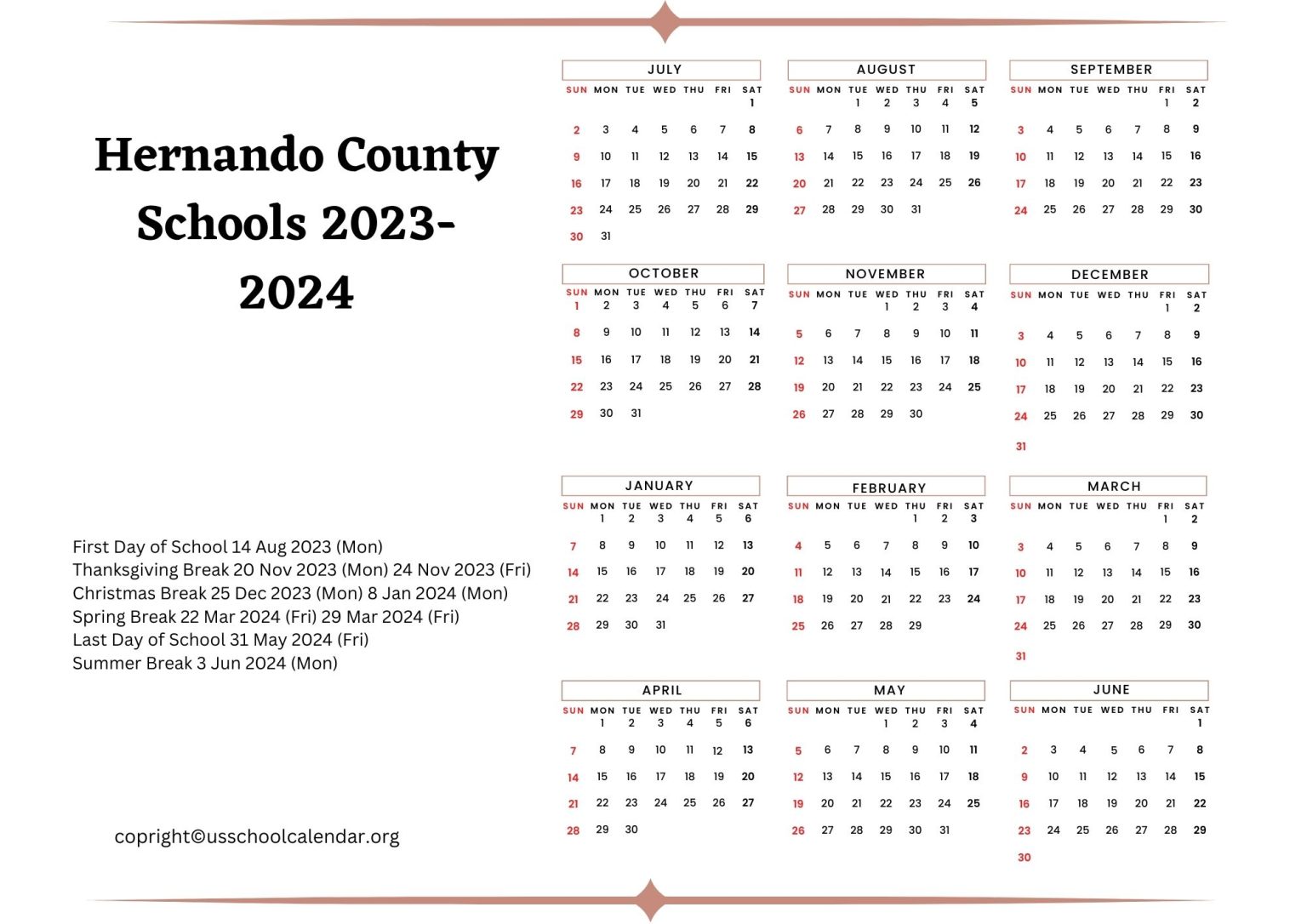 Hernando County Schools Calendar with Holidays 20232024