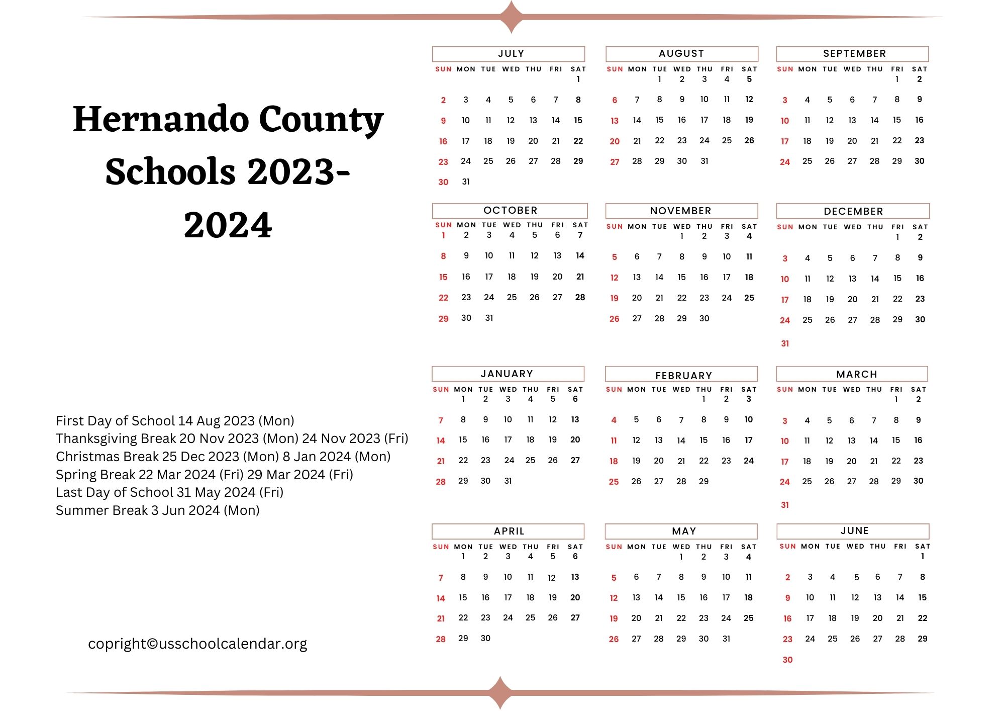 Hernando County Schools Calendar with Holidays 20232024