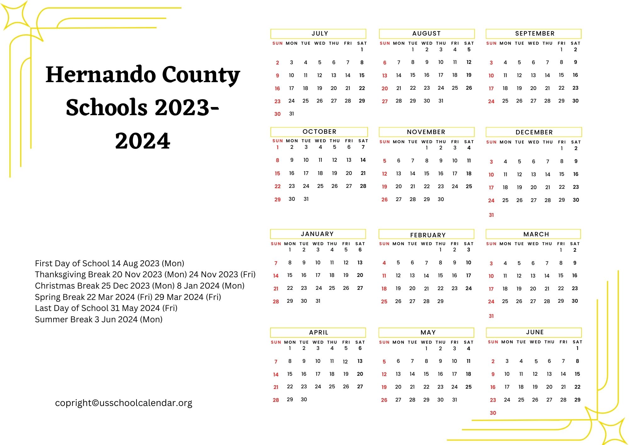 Hernando County Schools Calendar with Holidays 20232024