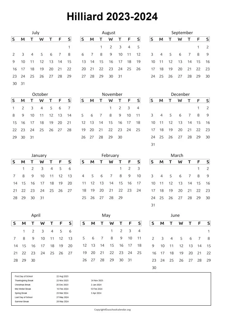 Hilliard City School System Calendar