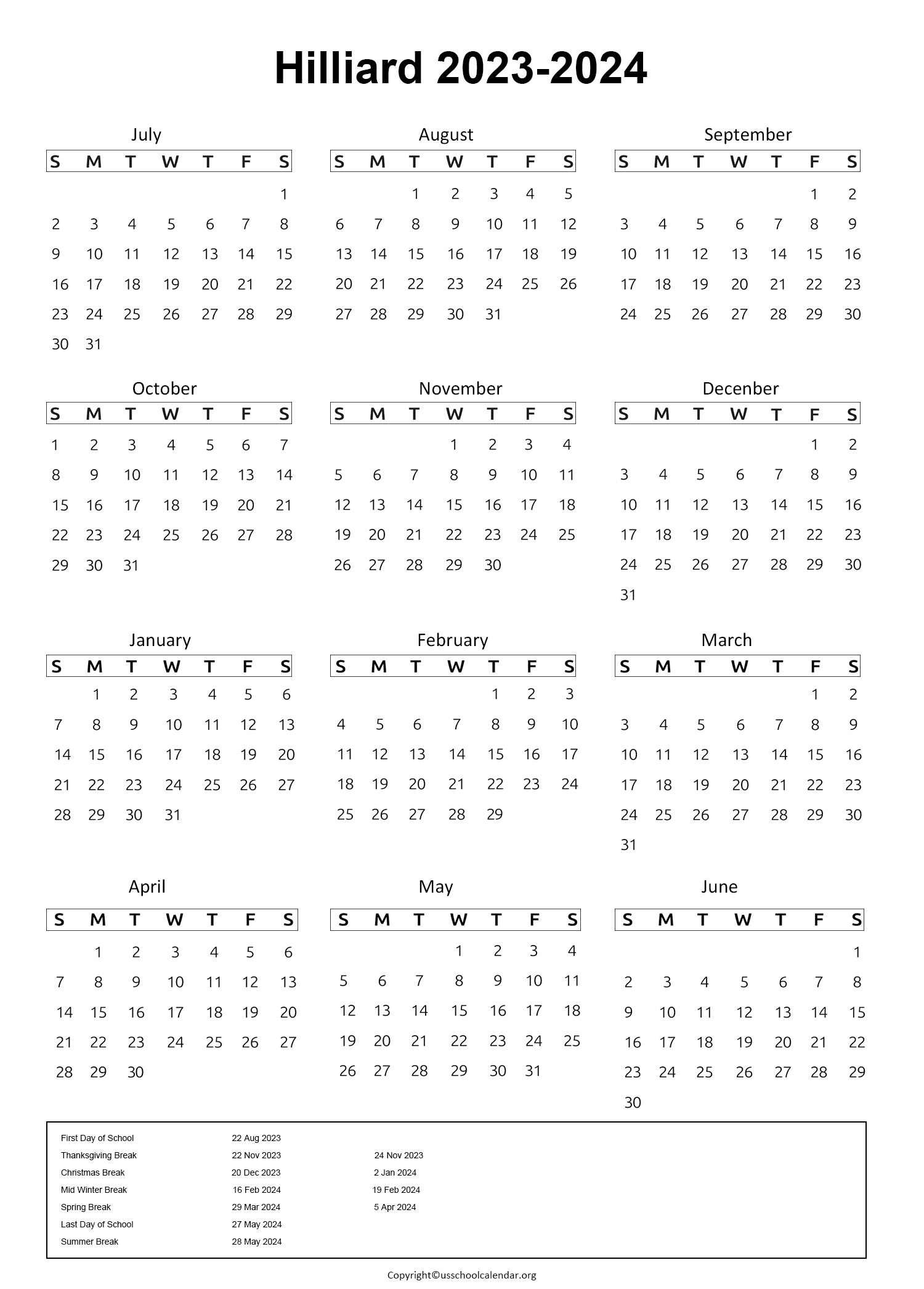 Hilliard City School System Calendar US School Calendar