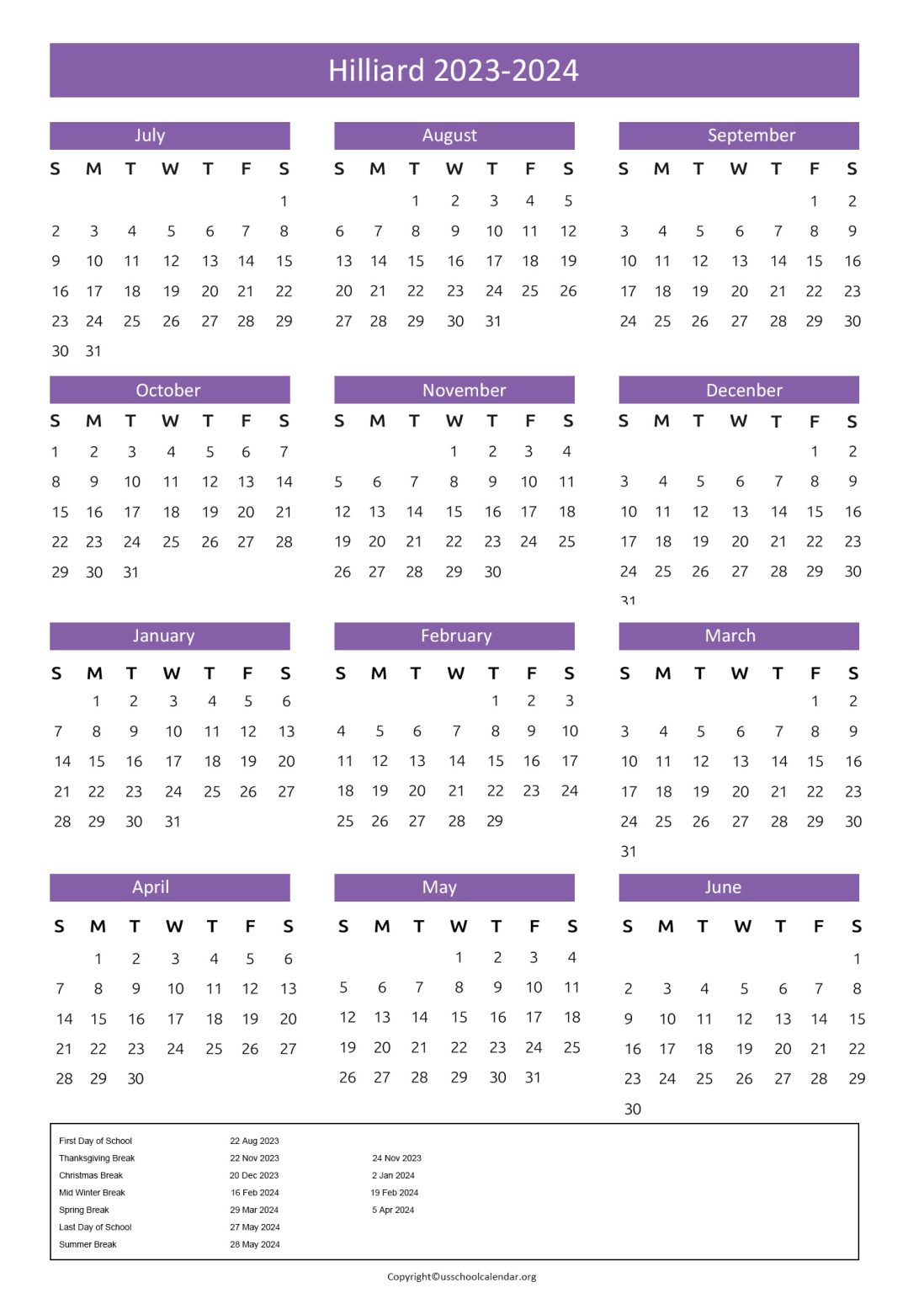 Hilliard City Schools Calendar with Holidays 20252025