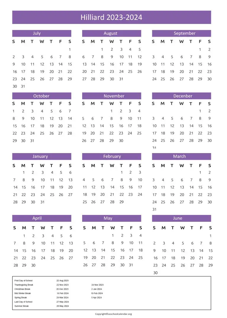 Hilliard City Schools Calendar with Holidays 20232024