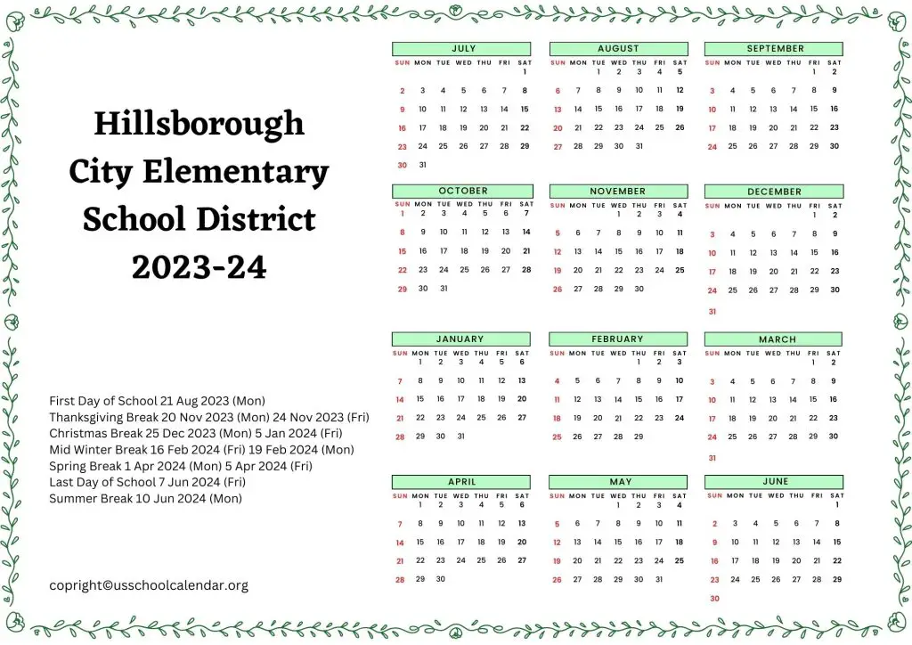 Hillsborough City Elementary School District Calendar