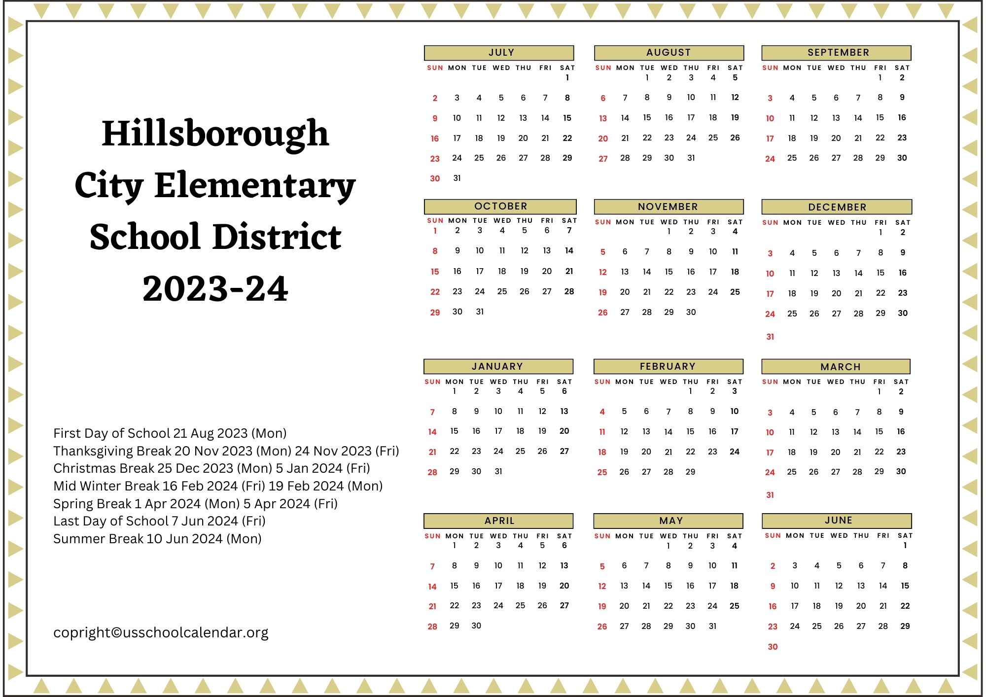 Hillsborough City Elementary School District Calendar for 202324