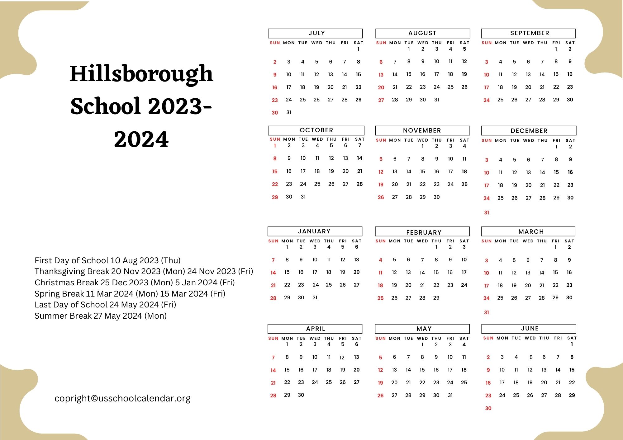 Hillsborough School Calendar with Holidays 20232024