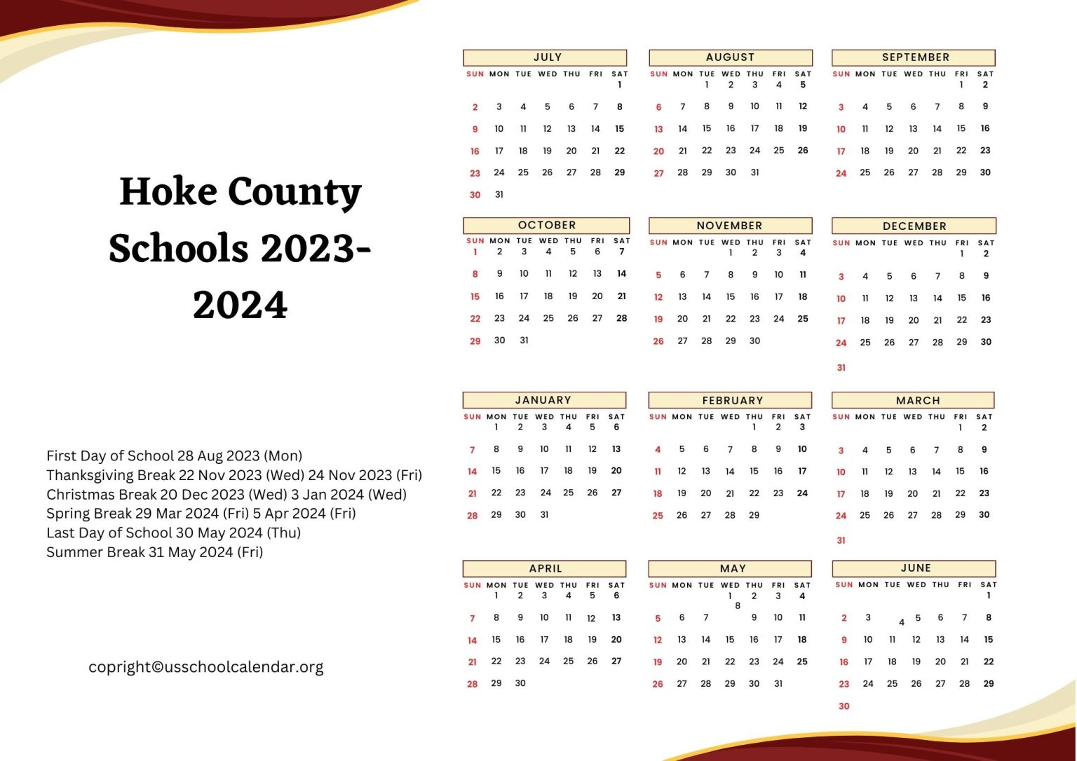 Hoke County Schools Calendar with Holidays 20232024