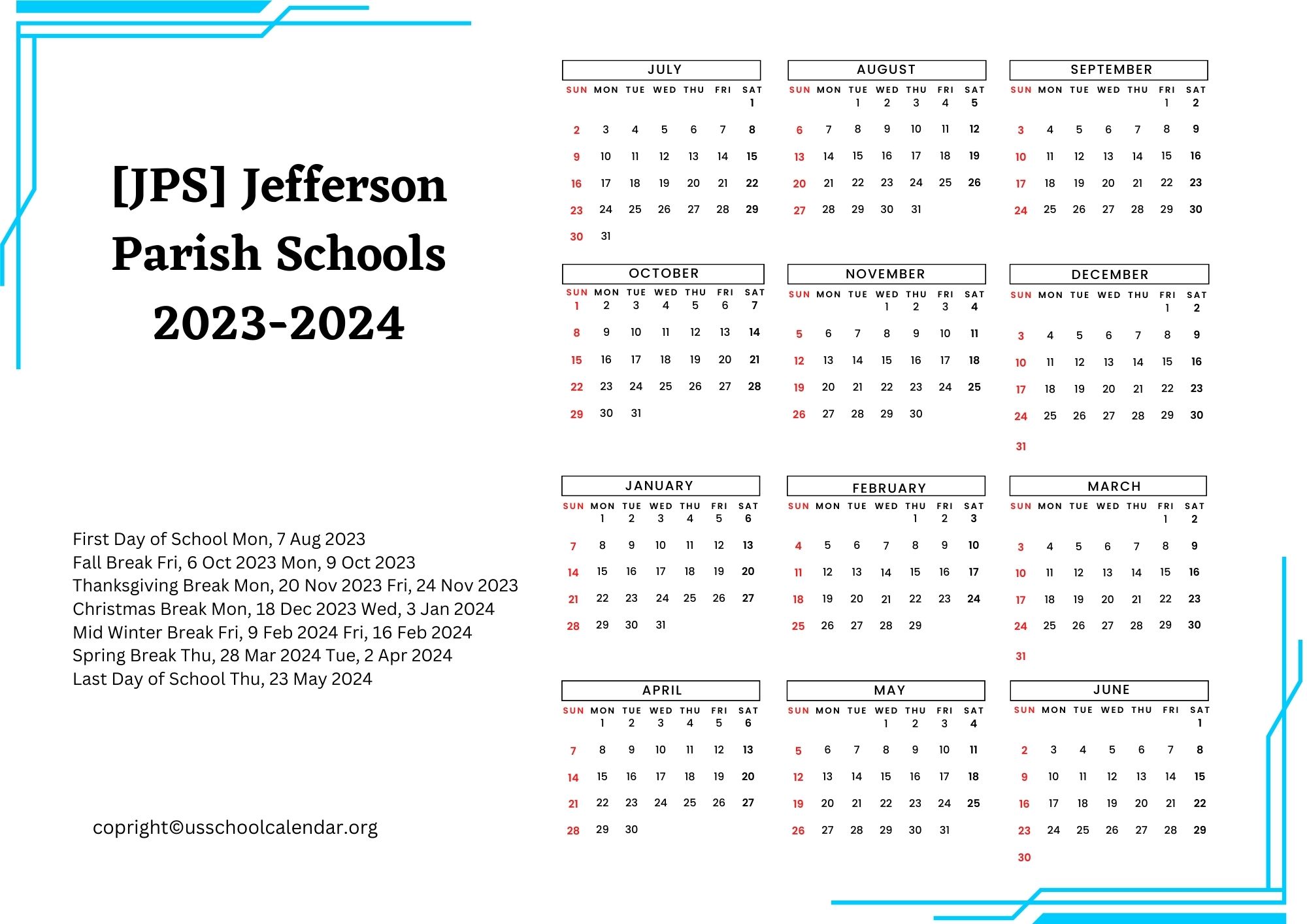 [JPS] Jefferson Parish Schools Calendar with Holidays 20232024