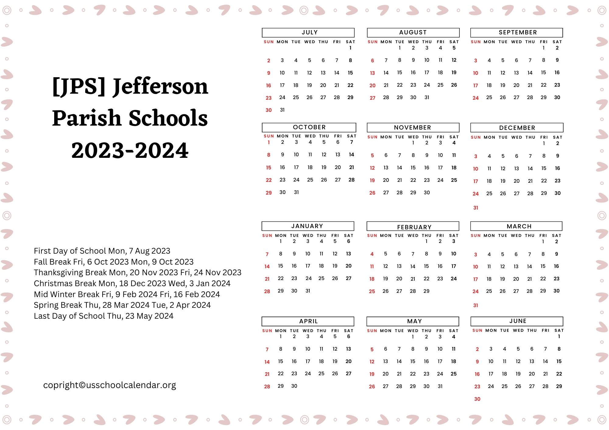 [JPS] Jefferson Parish Schools Calendar with Holidays 20232024