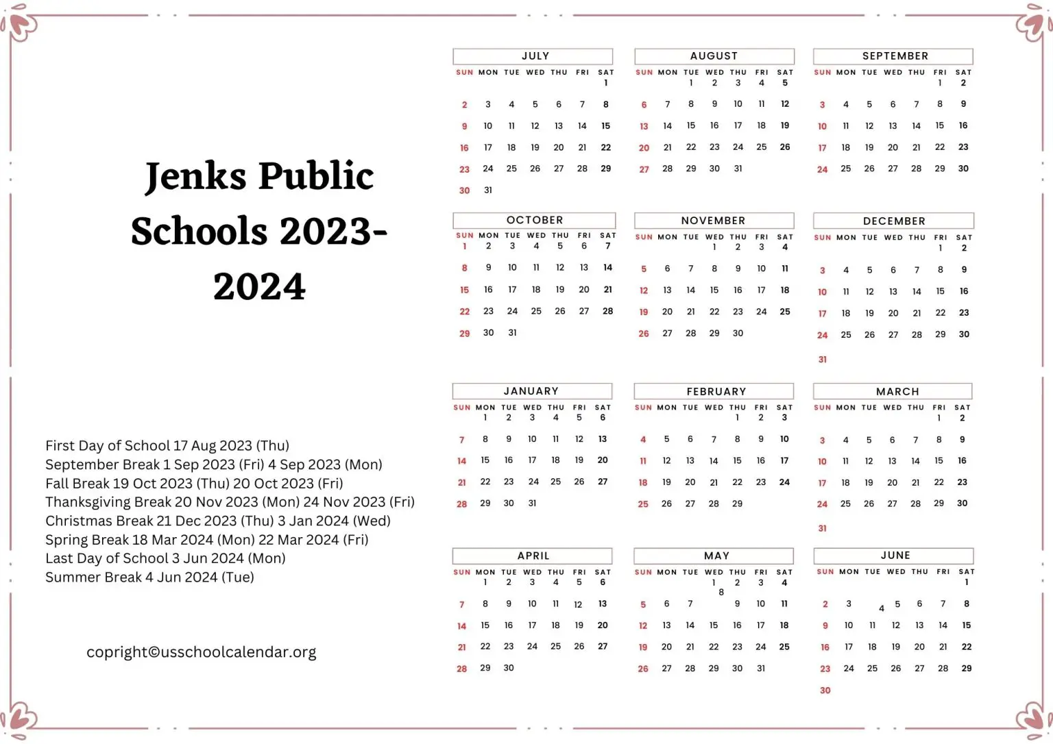 Jenks Public Schools Calendar with Holidays 20232024