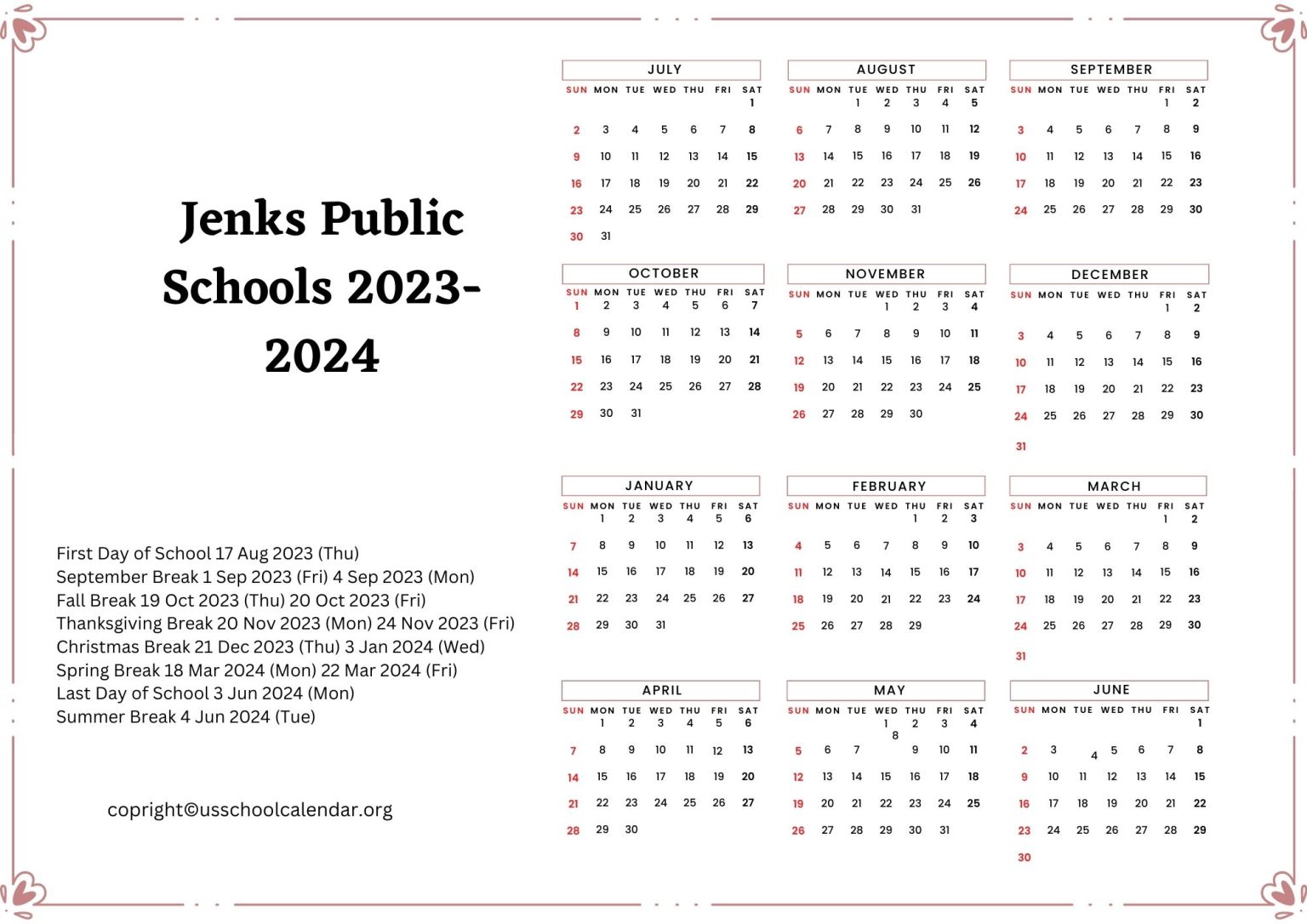 Jenks Public Schools Calendar With Holidays 2023 2024