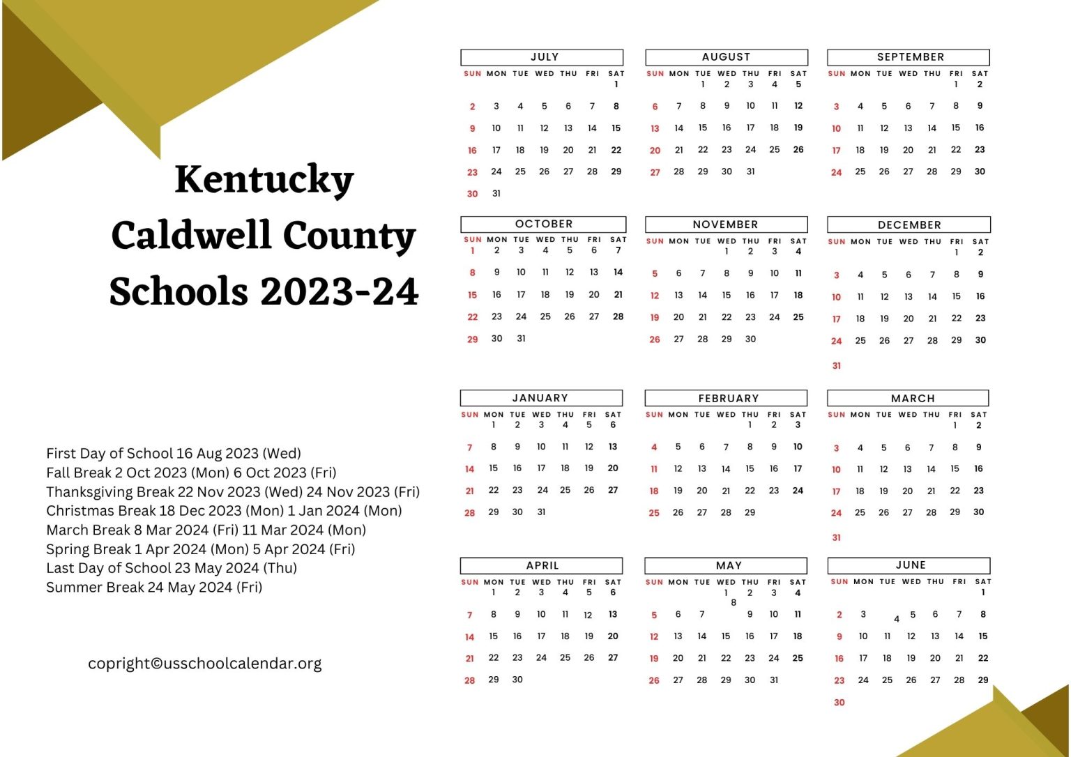 Kentucky Caldwell County Schools Calendar Holidays 20232024