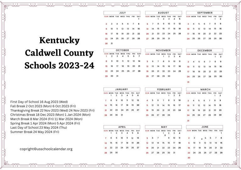 Kentucky Caldwell County Schools Calendar Holidays 20232024