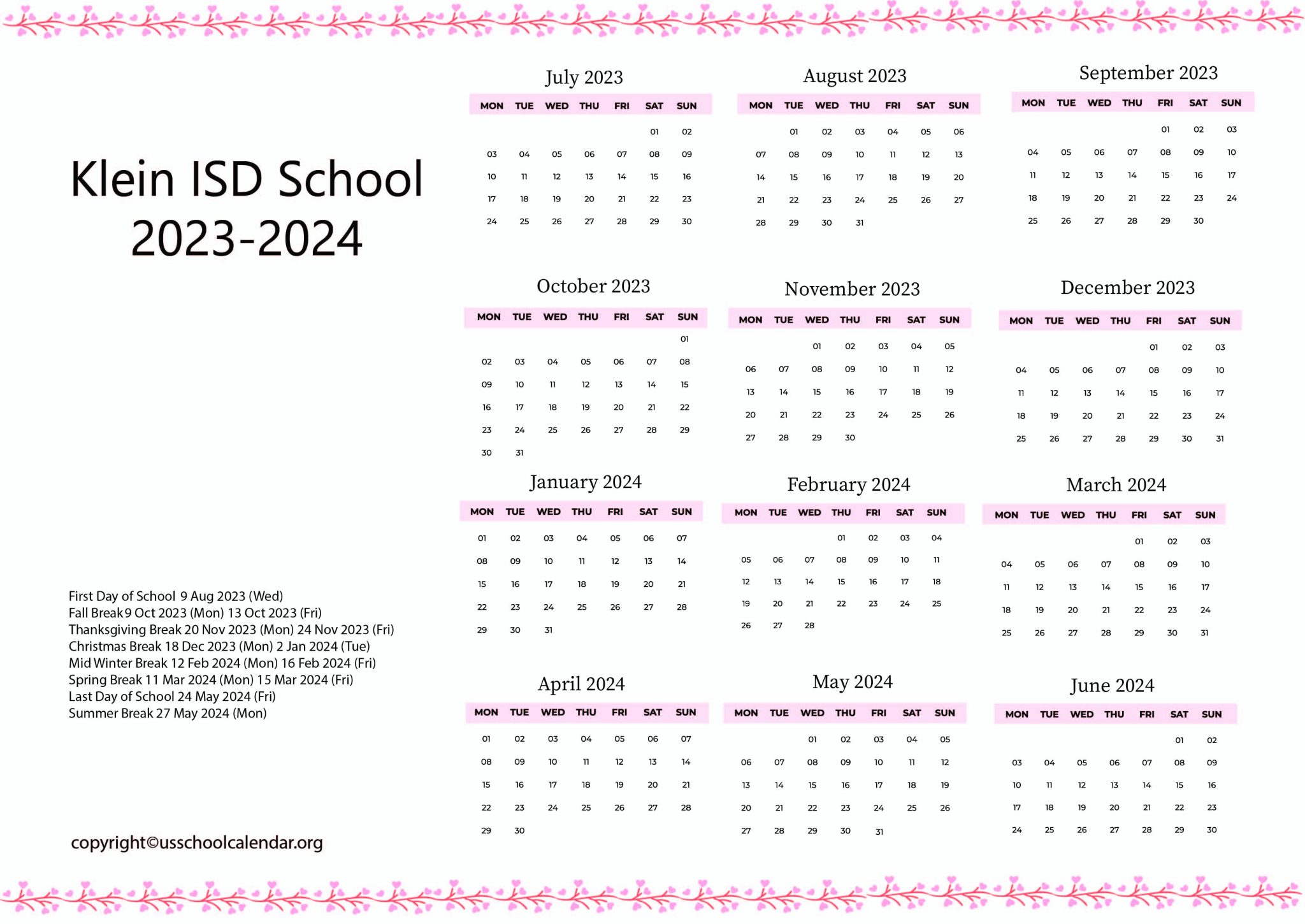 Klein ISD School Calendar with Holidays 2023 2024
