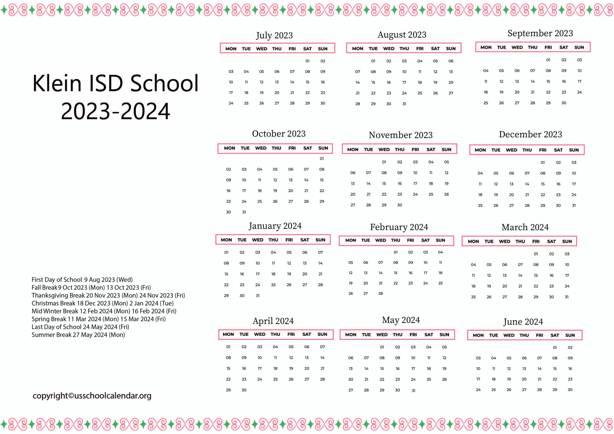 Klein ISD School Calendar with Holidays 20232024