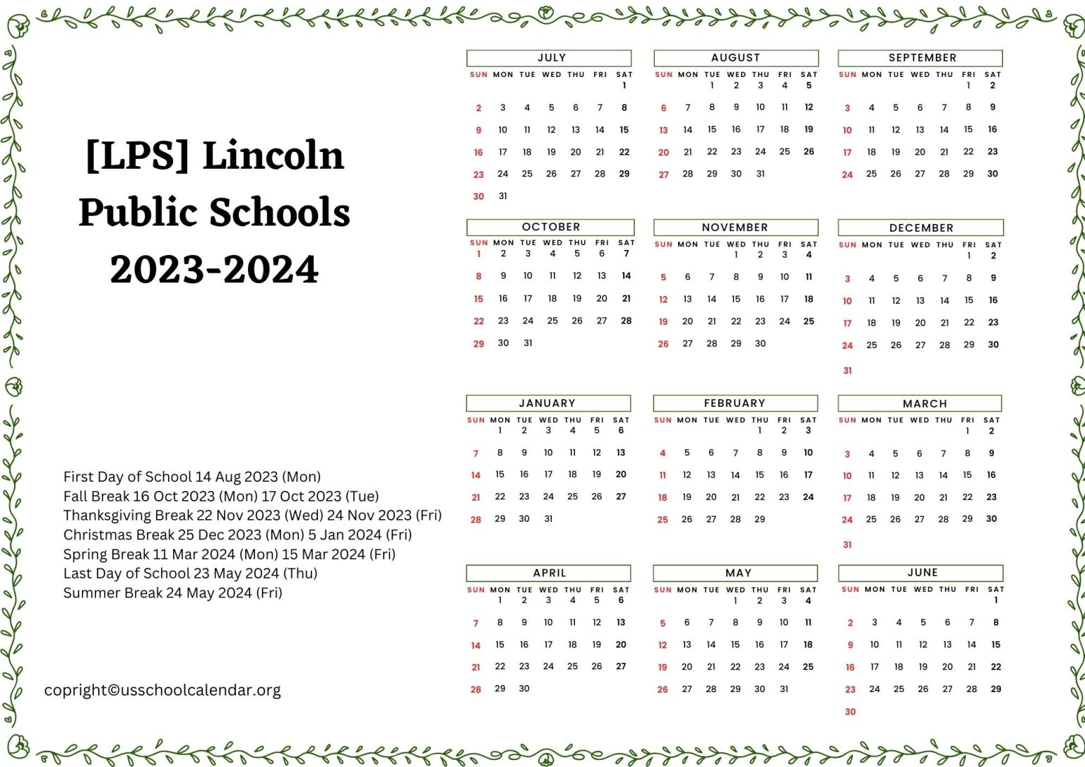 [LPS] Lincoln Public Schools Calendar with Holidays 20232024