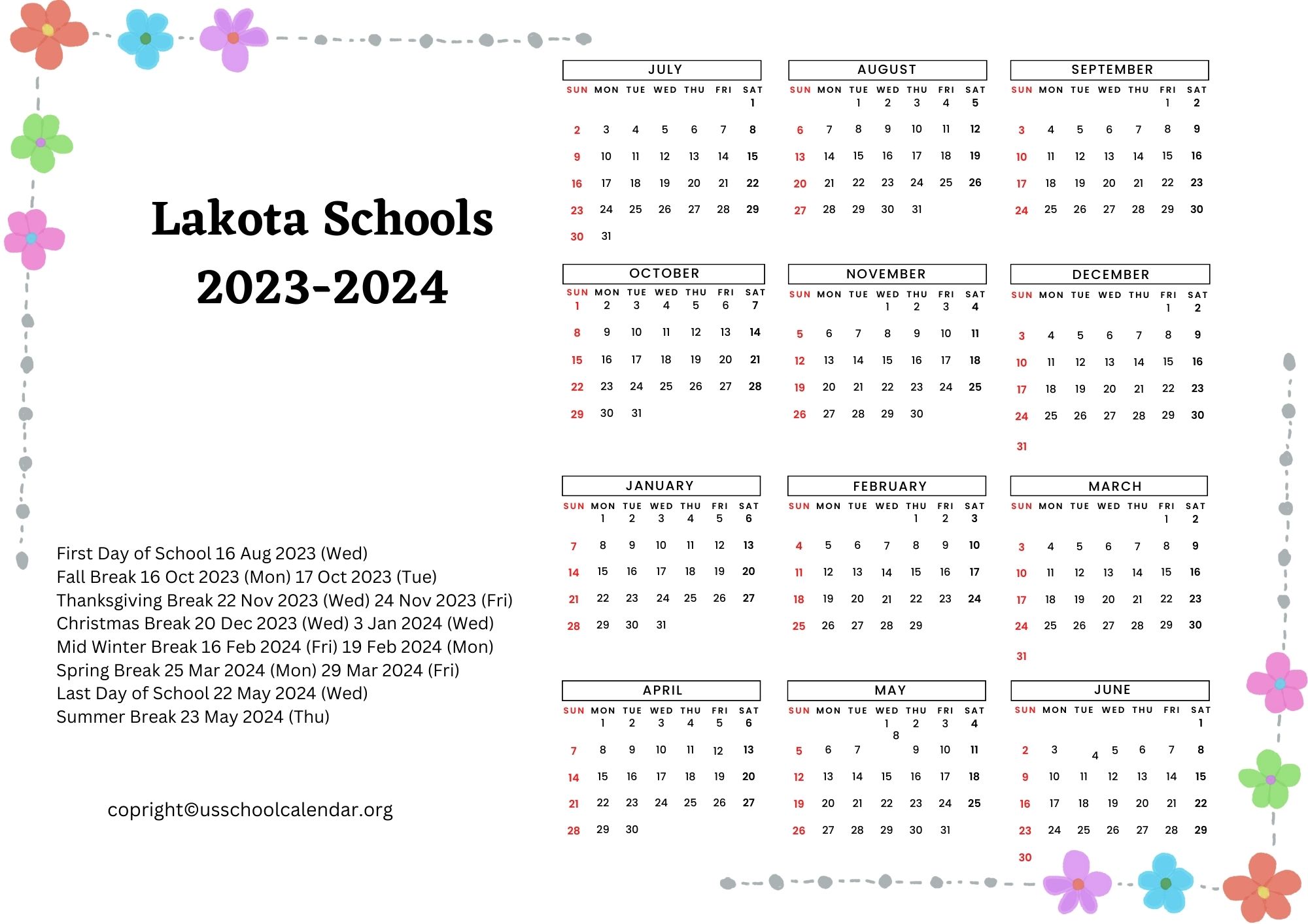 Lakota Schools Calendar with Holidays 20232024