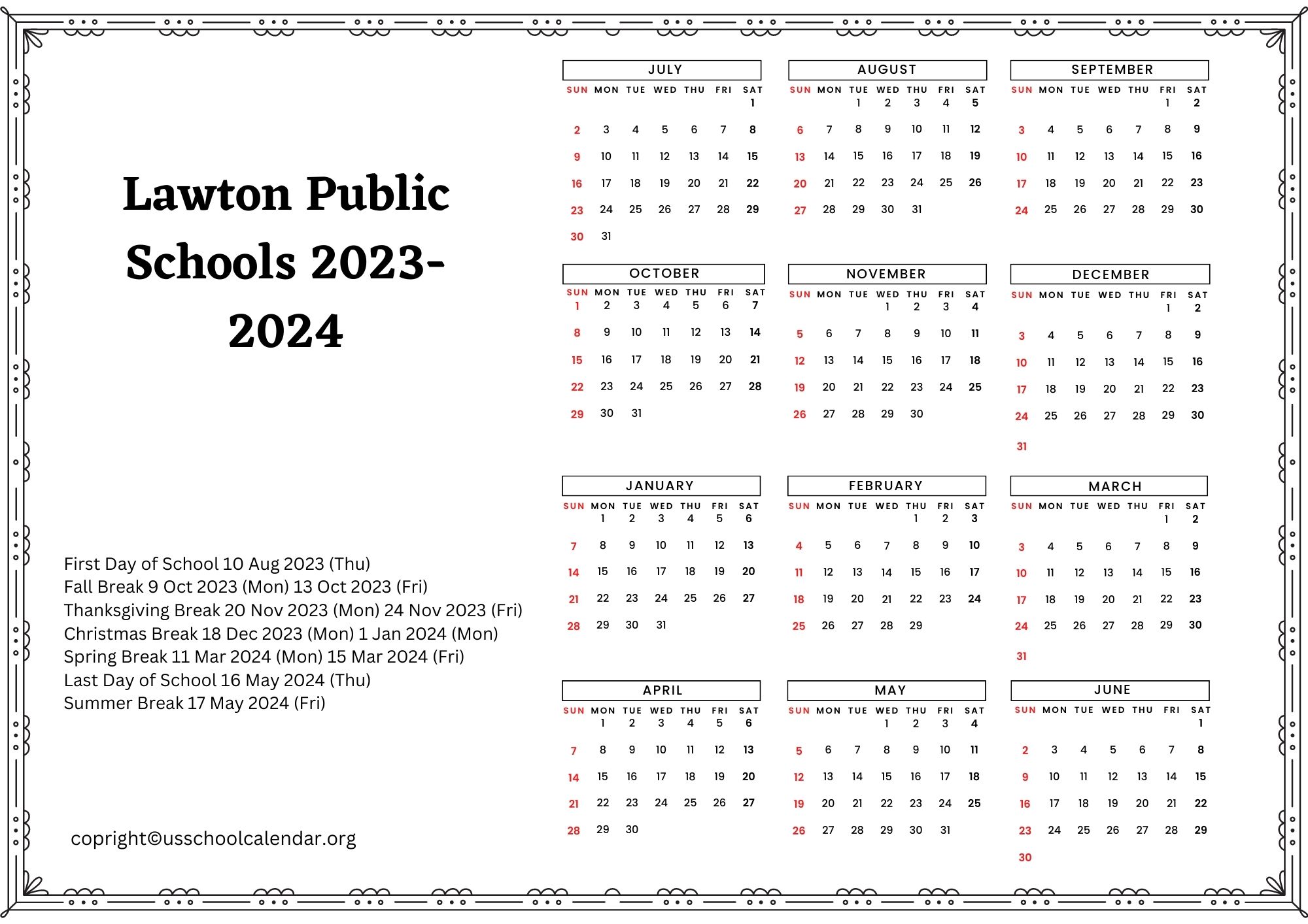 Lawton Public Schools Calendar with Holidays 20232024