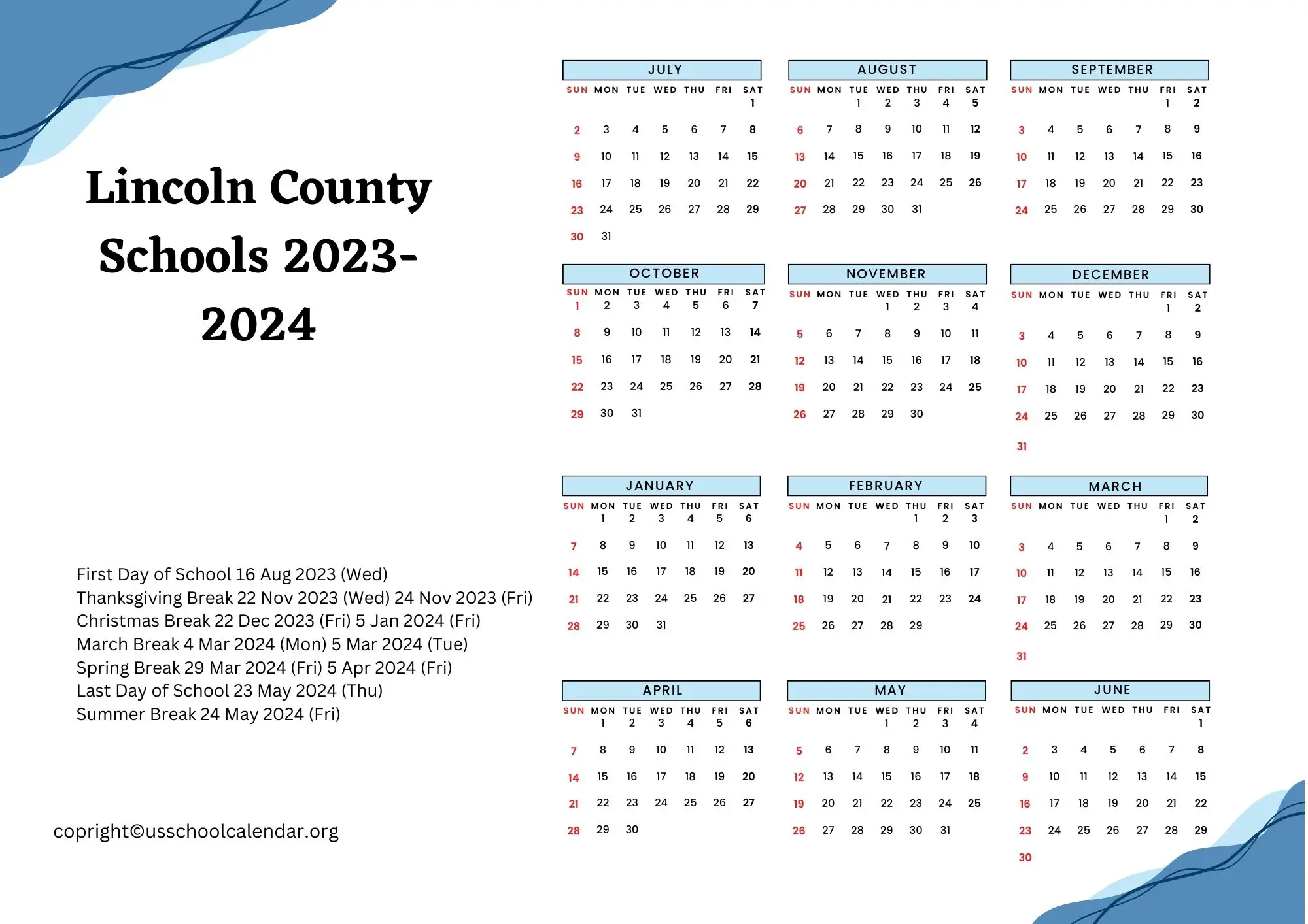 Lincoln County Schools Calendar with Holidays 2023-2024