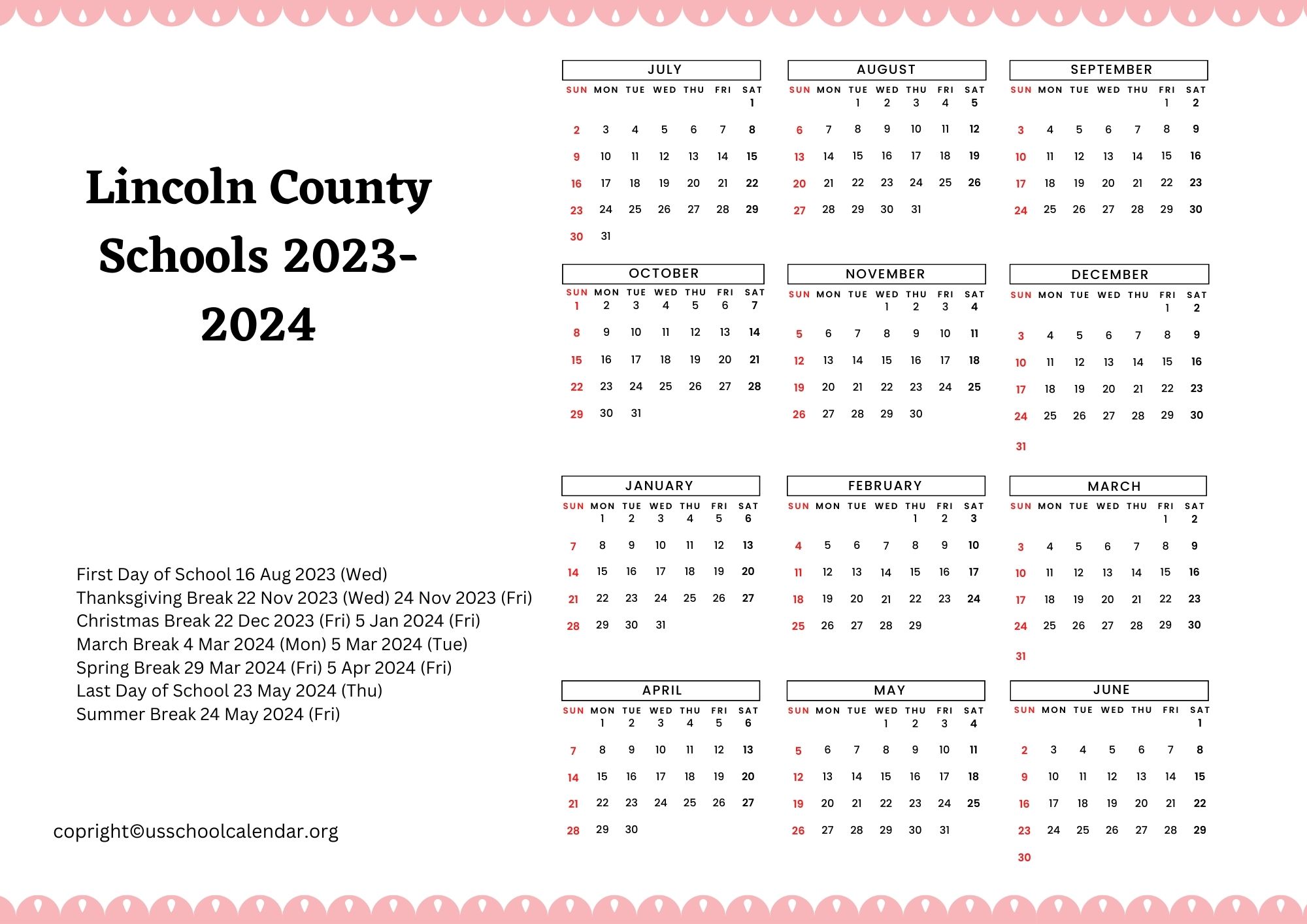 Lincoln County Schools Calendar with Holidays 2023 2024