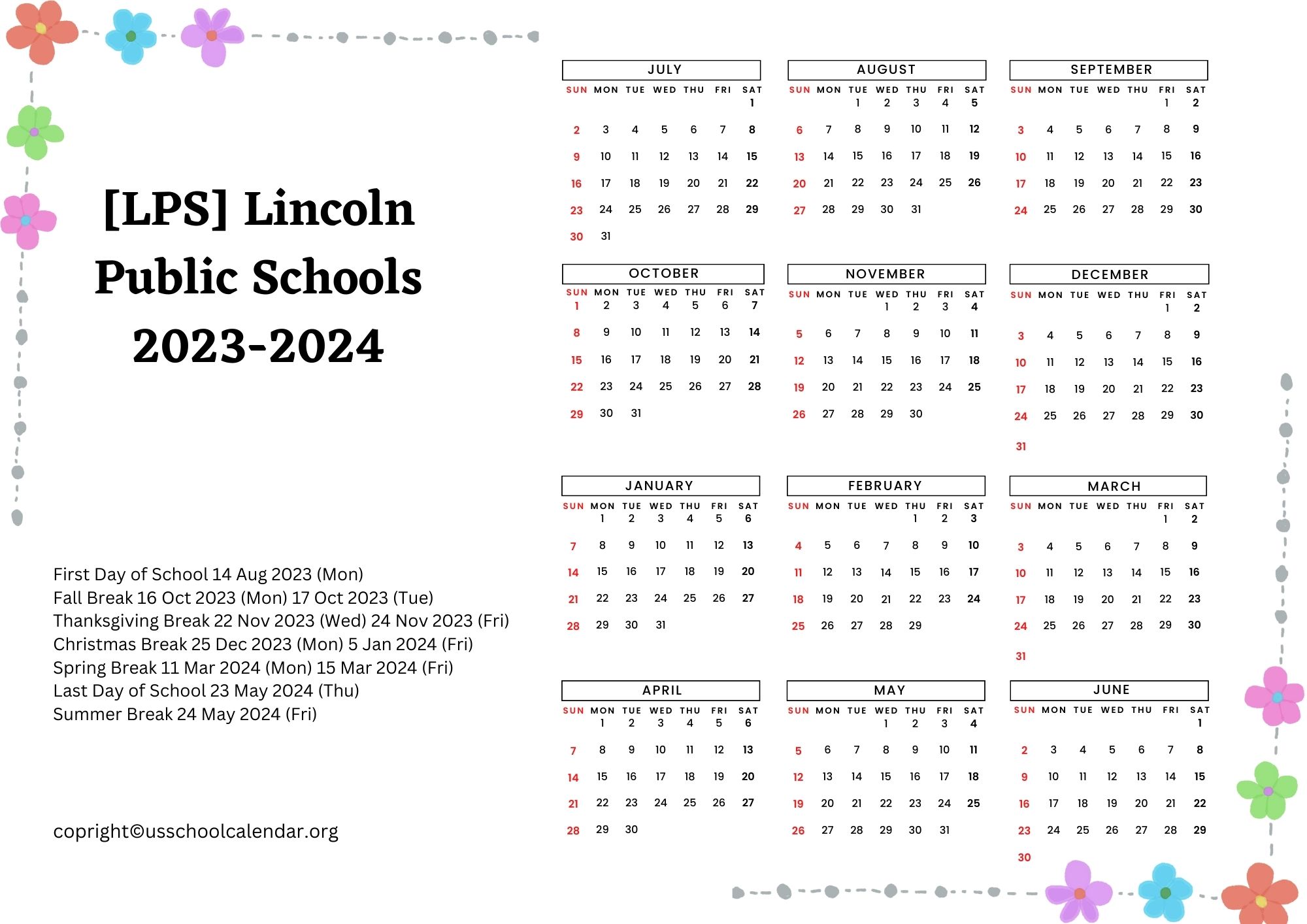 [LPS] Lincoln Public Schools Calendar with Holidays 20232024