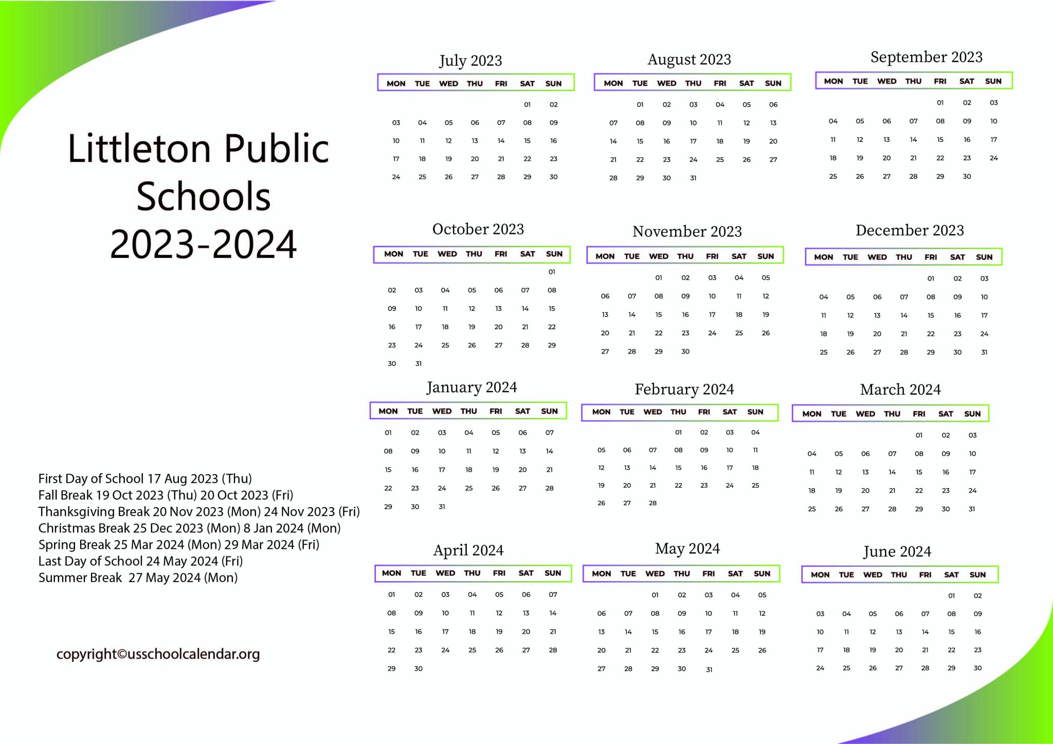 Littleton Public Schools Calendar with Holidays 20232024