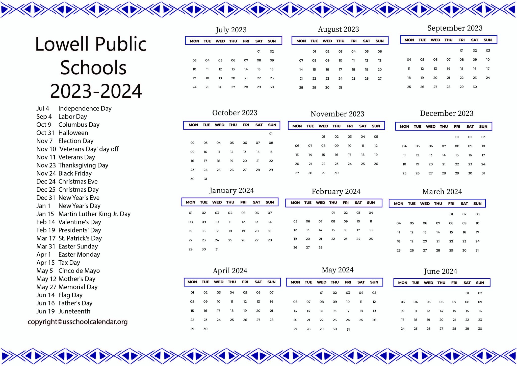 Lowell Public Schools Calendar with Holidays 20232024