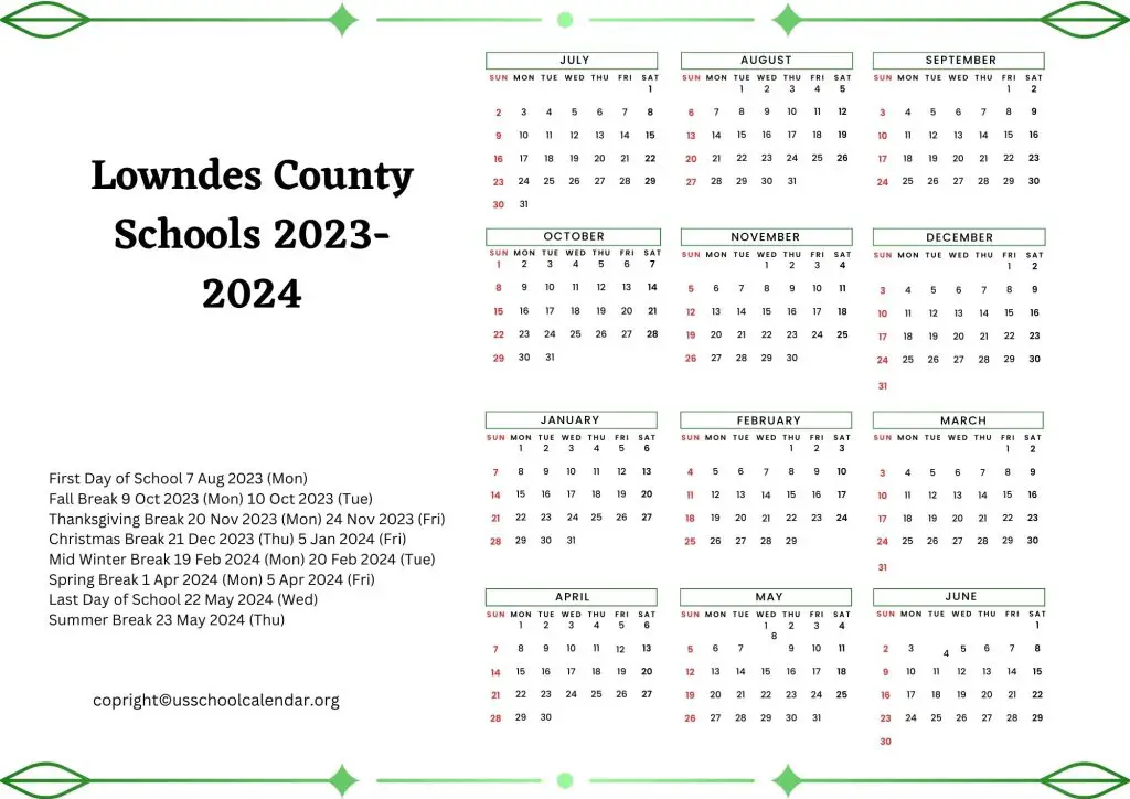 Lowndes County Schools Calendar with Holidays 2023 2024