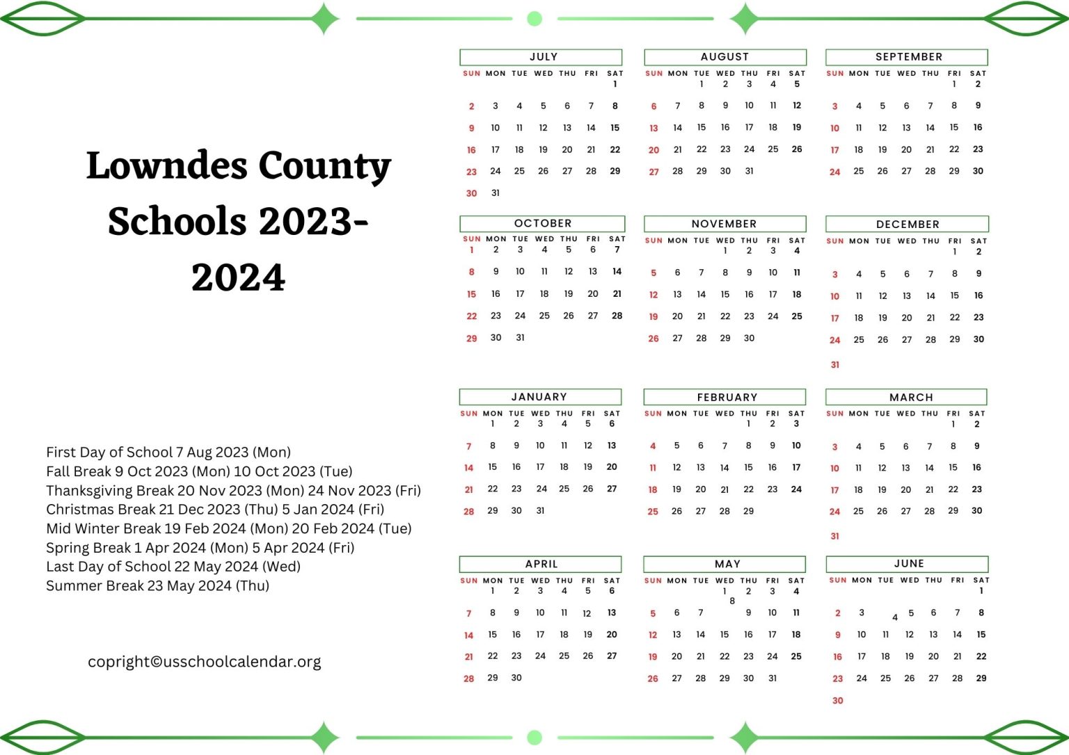 Lowndes County Schools Calendar with Holidays 20232024