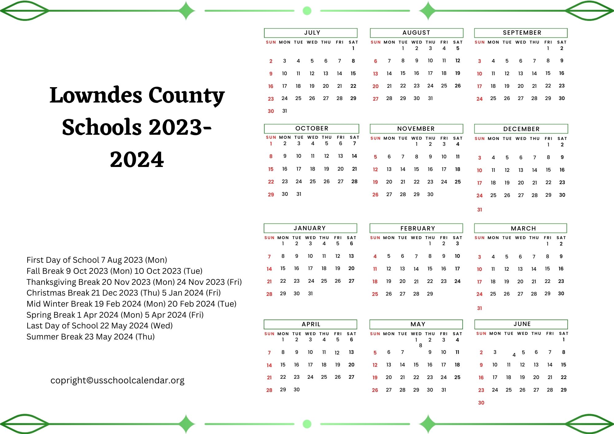 Lowndes County Schools Calendar with Holidays 2023 2024