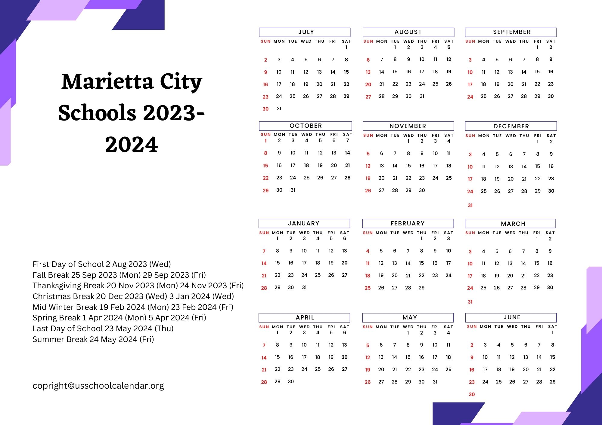 Marietta City Schools Calendar with Holidays 20232024