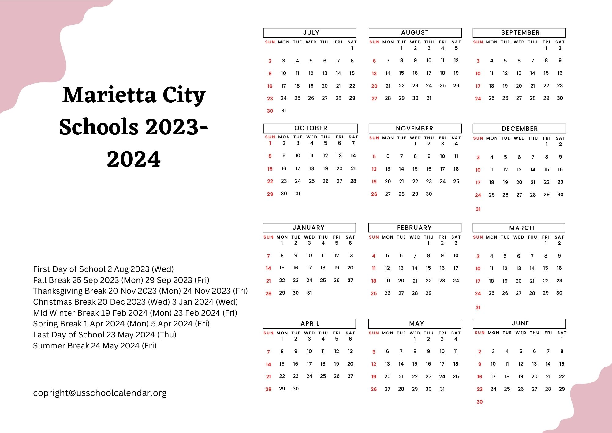 Marietta City Schools Calendar with Holidays 20232024