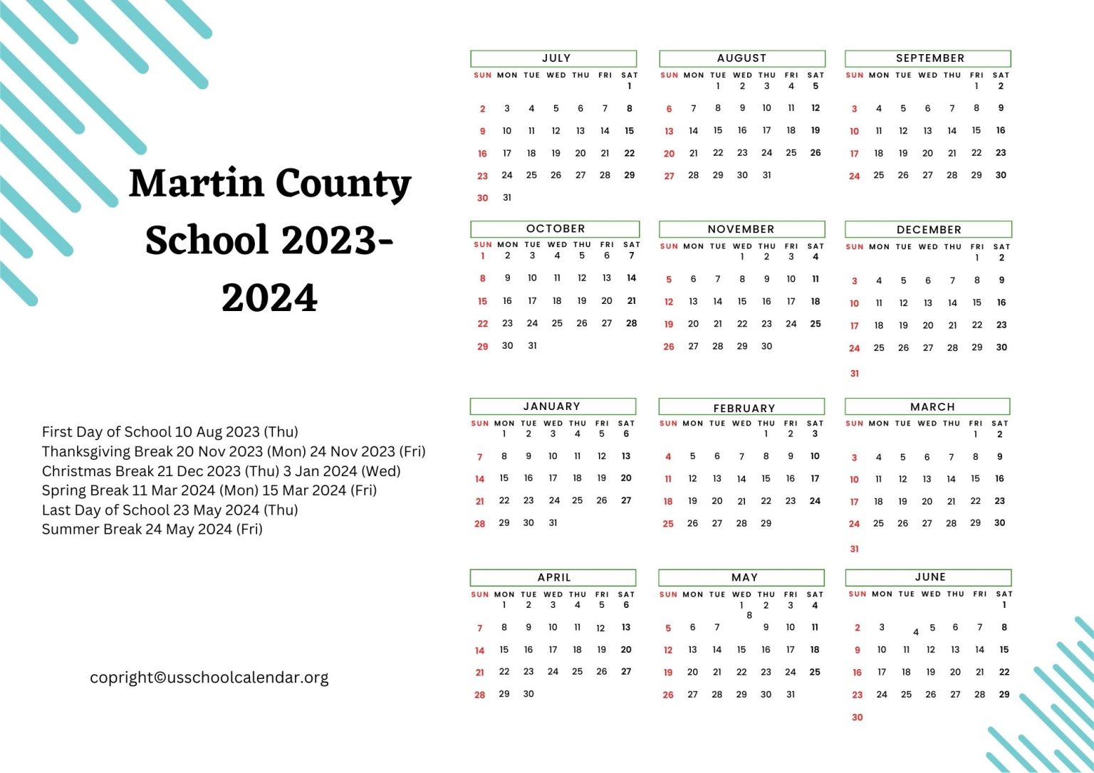 Martin County School Calendar with Holidays 20232024