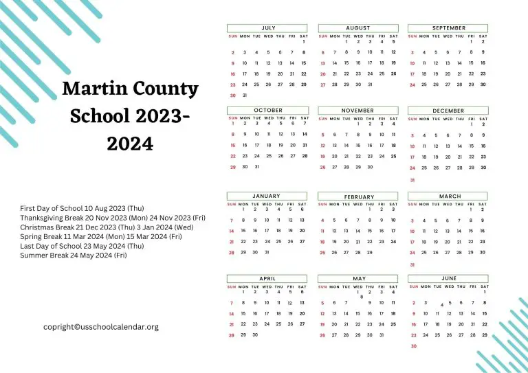 Martin County School Calendar with Holidays 2023-2024