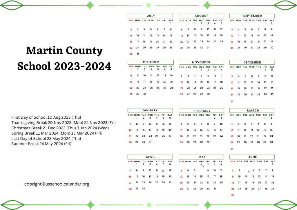 Martin County School District Calendar