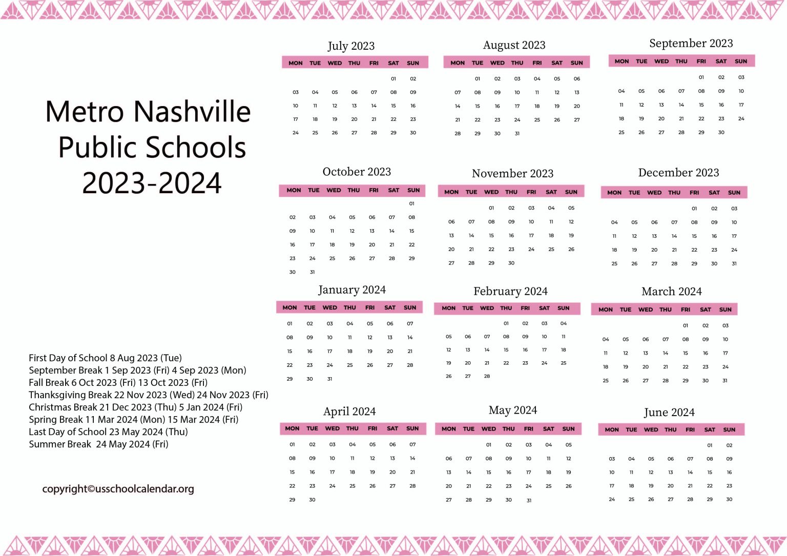 Metro Nashville Public Schools Calendar with Holidays 2023 2024