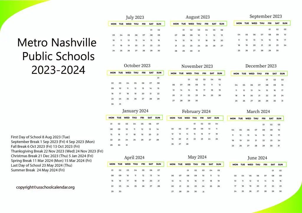 Metro Nashville Public Schools District Calendar