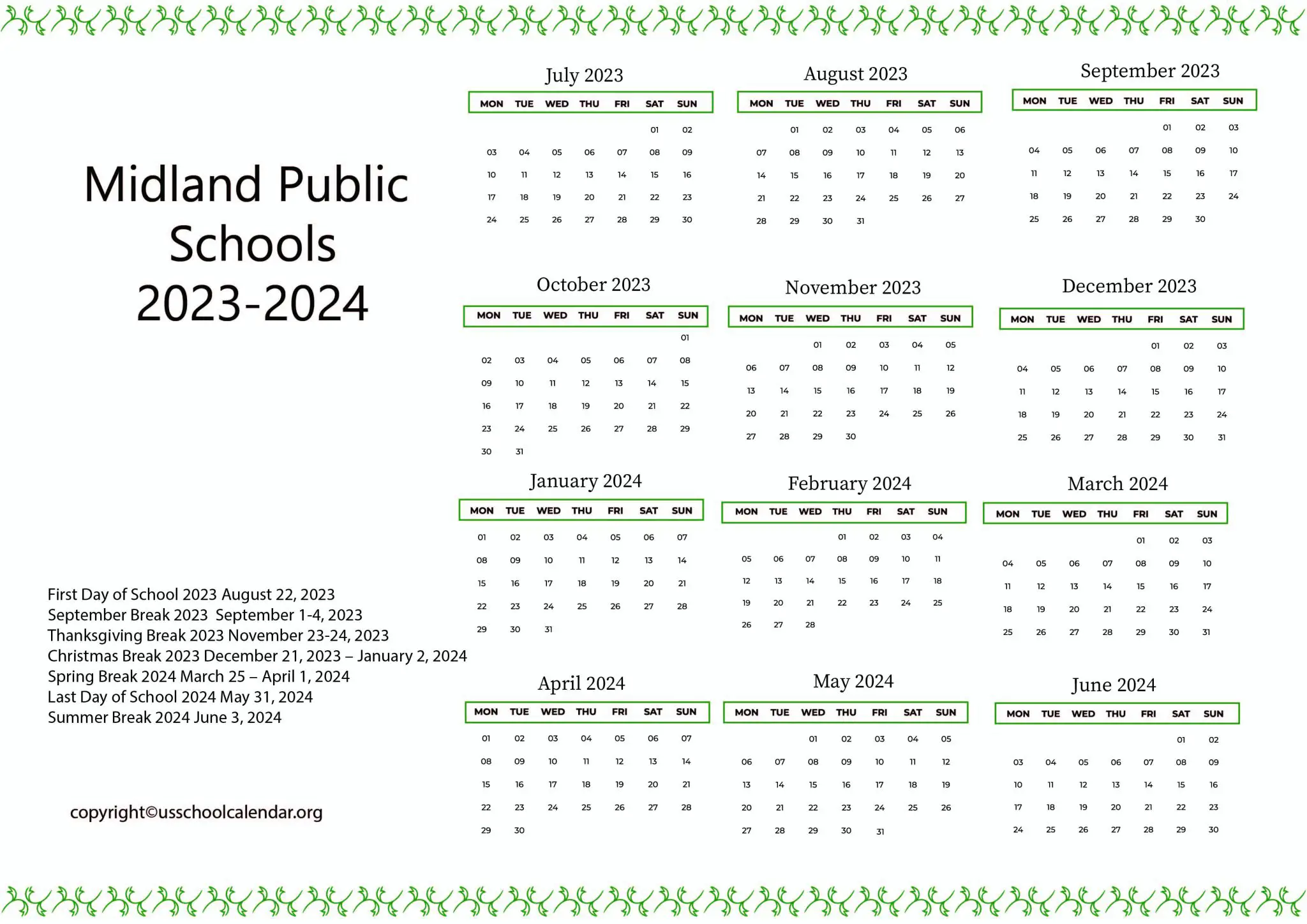 Midland Public Schools Calendar with Holidays 2023-2024